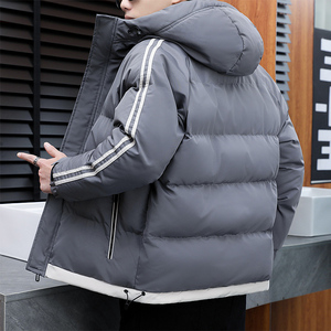 秋冬两条杠棉衣男外套冬季防风连帽棉服宽松百搭棉袄纯色外套P40图片