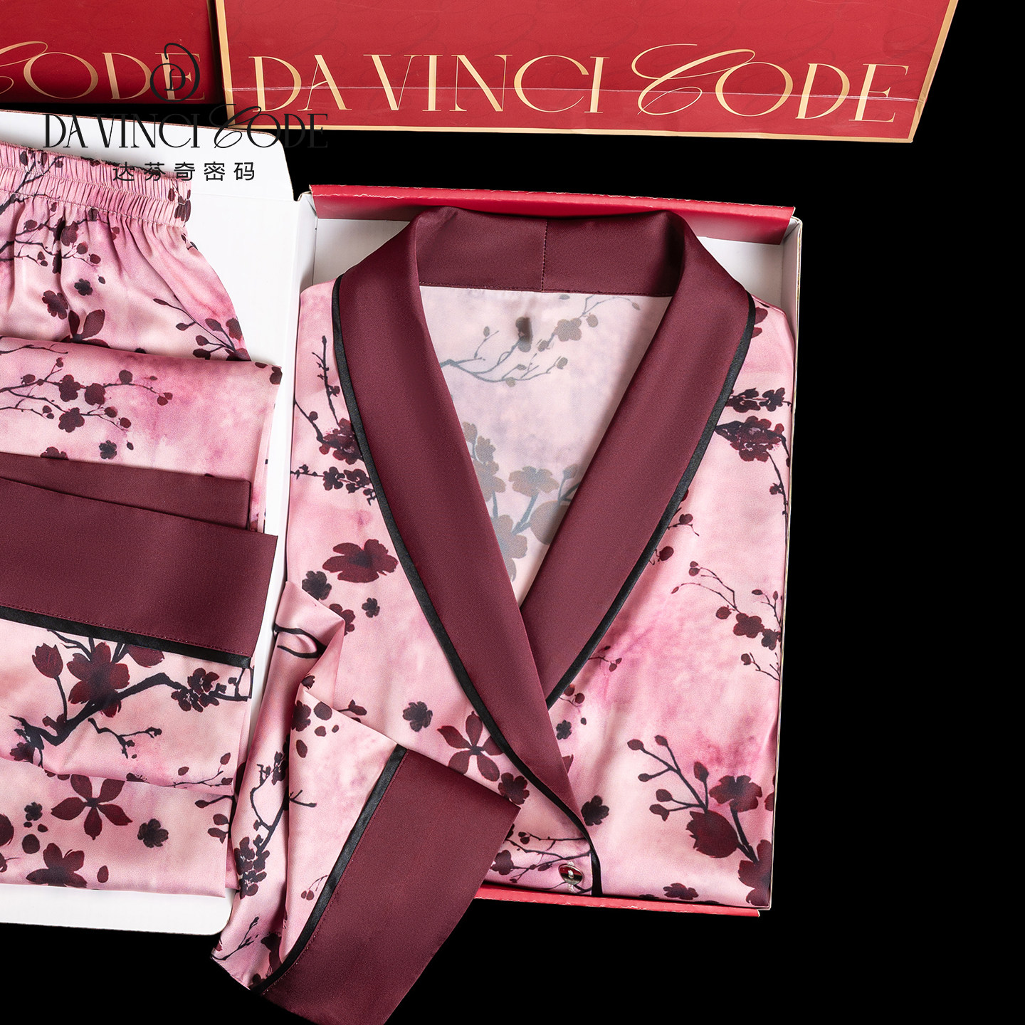 达芬奇密码秋冬拉德色系新款蔓越莓枝薄款长袖睡衣女家居服套装