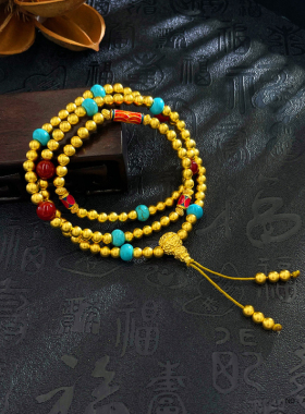 金名媛珠宝 999足金古法多圈三通流苏圆珠佛珠链光珠三圈弹力手绳