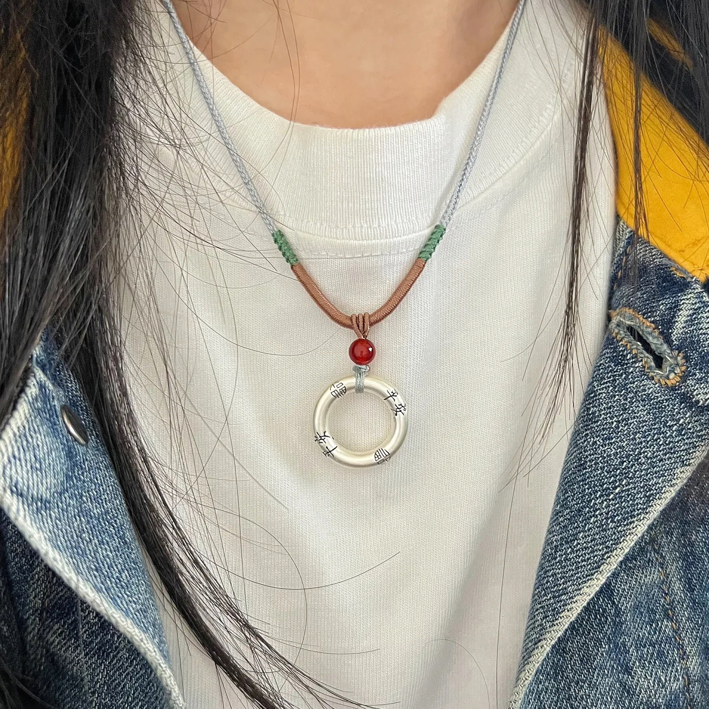 999纯银平安扣吊坠项链挂绳实心足银福字本命年黑红绳挂坠男女款