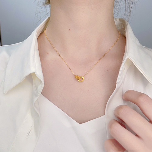 金名媛黄金环环相扣项链女足金999吊坠纯金双环套链挂坠生日礼物