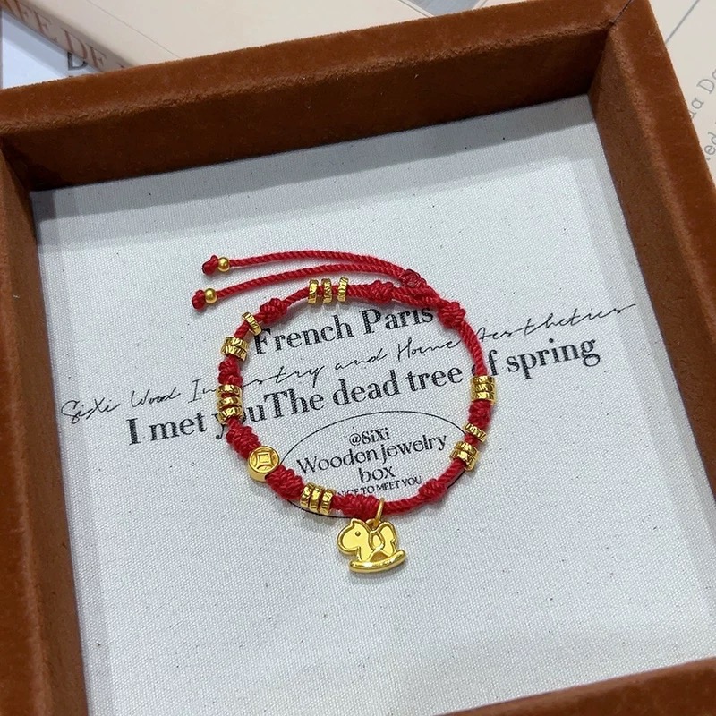 黄金铜钱小马盘缠手链女999足金藏式编织绳本命年礼物送女友