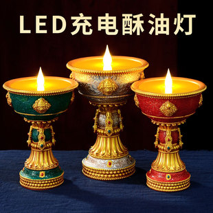 电子酥油灯彩绘充电LED长明灯室内家用八吉祥雕花烛台电蜡烛灯座