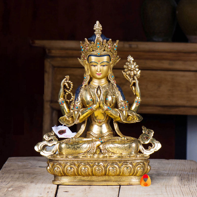 四臂观音菩萨铜像尼泊尔手工铜鎏金10寸家用现代桌面摆件