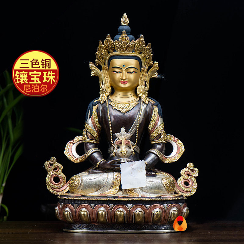 长寿铜像尼泊尔紫铜镀金镀银10寸家用铜像居家无量寿佛摆件