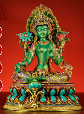 彩绘绿度母铜像桌面摆件