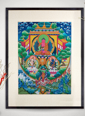 尼泊尔手绘唐卡 现代实木装饰挂画矿物颜料鸡翅木壁画 阿弥陀铜像