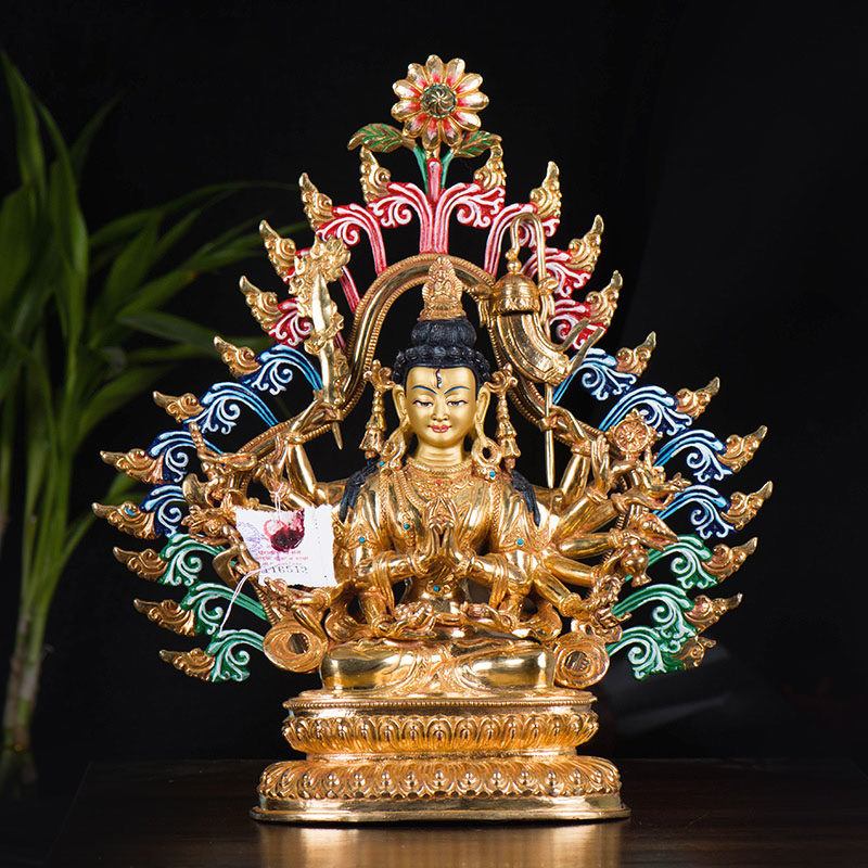 尼泊尔手工准提佛母铜鎏金雕花彩绘莲座居家桌面摆件10寸