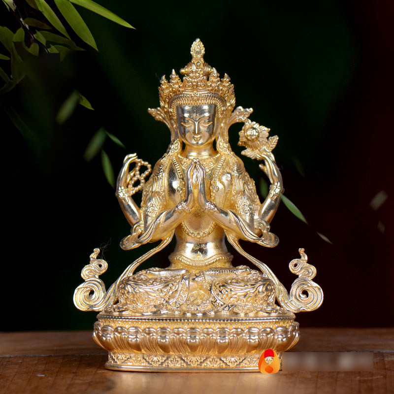 四臂观音铜像西藏居家桌面现代铜鎏金观音菩萨随身小铜像