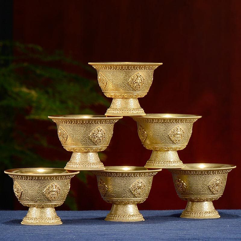 铜供水杯八吉祥七供水碗佛前八供圣水杯铜雕花高脚水杯