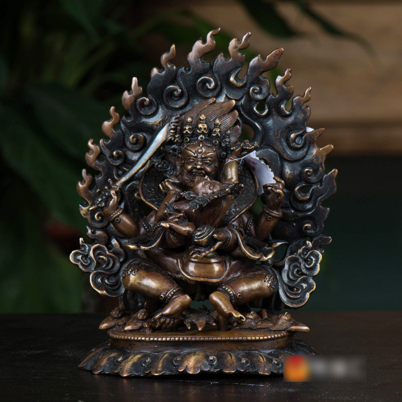 尼泊尔6寸铜做旧雕花四臂玛哈嘎拉室内家居用品艺术摆件