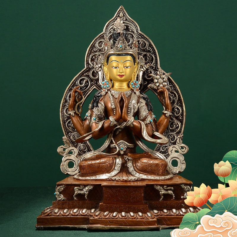尼泊尔手工四臂观音铜像家用紫铜镀银居家观音桌面摆件8寸