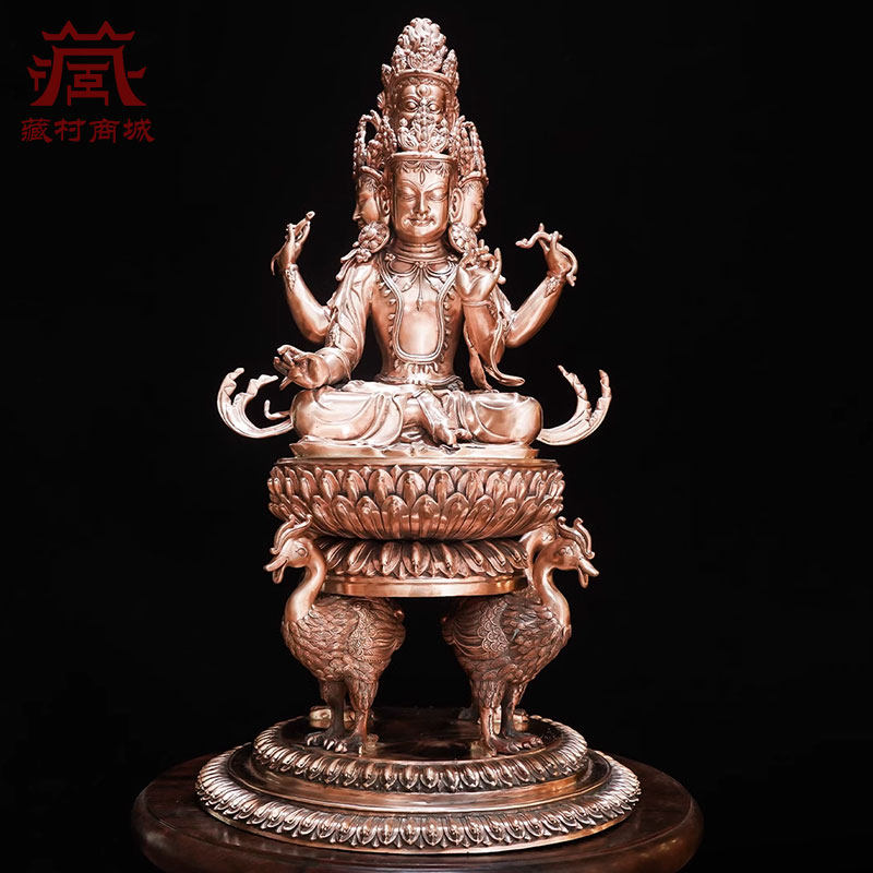 藏村十九寸《孔雀佛母》紫铜雕花家用《孔雀大明王》桌面铜像摆件
