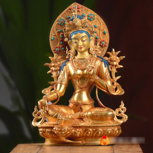 绿度母铜像尼泊尔手工10寸铜鎏金掐丝背光西藏桌面铜像