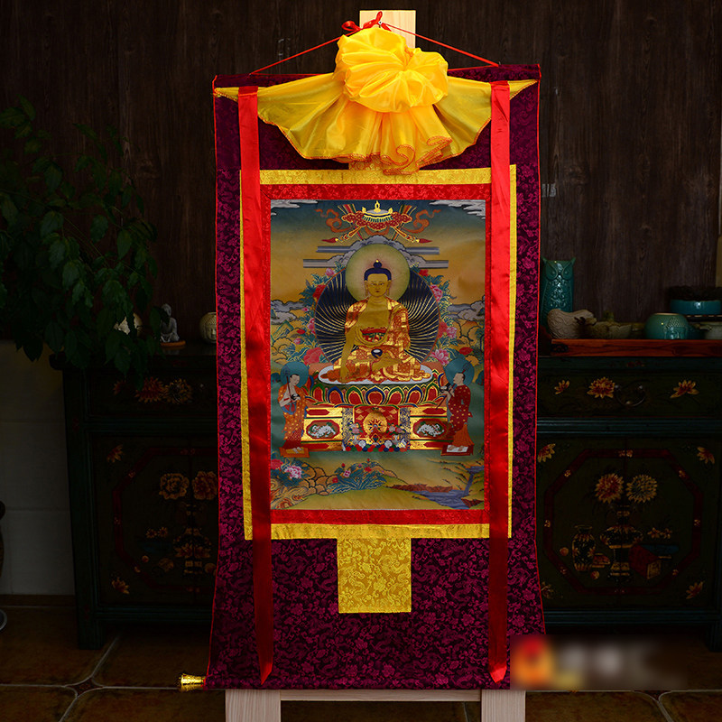 手工双层装裱烫金镀金画心 释迦佛唐卡铜像 长128cm