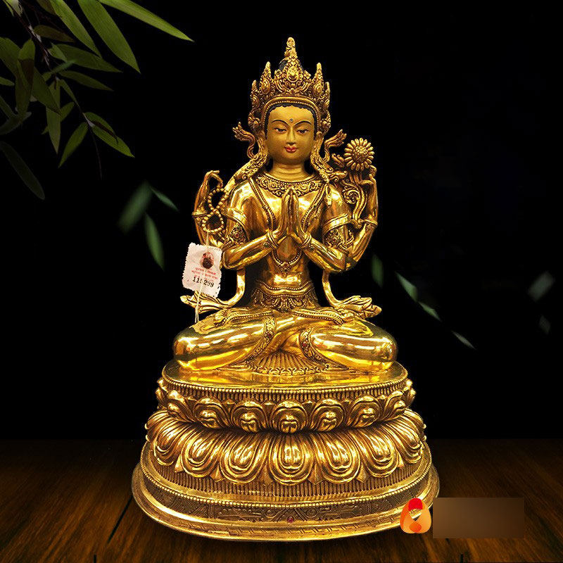 四臂观音菩萨尼泊尔手工铜全鎏金镶嵌宝石13寸现代铜像摆件