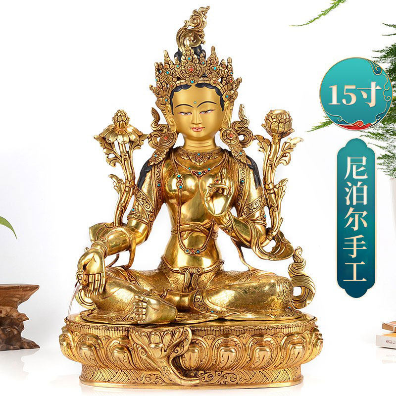 绿度母铜像尼泊尔手工15寸铜鎏金八难度母居家桌面摆件