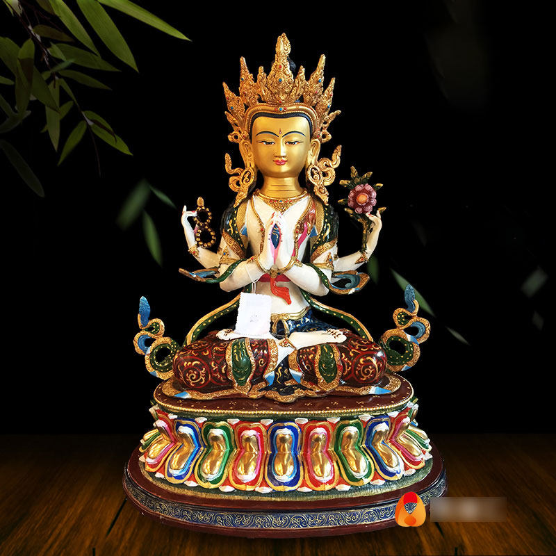 四臂观音菩萨尼泊尔矿物彩绘铜雕花15寸室内摆件