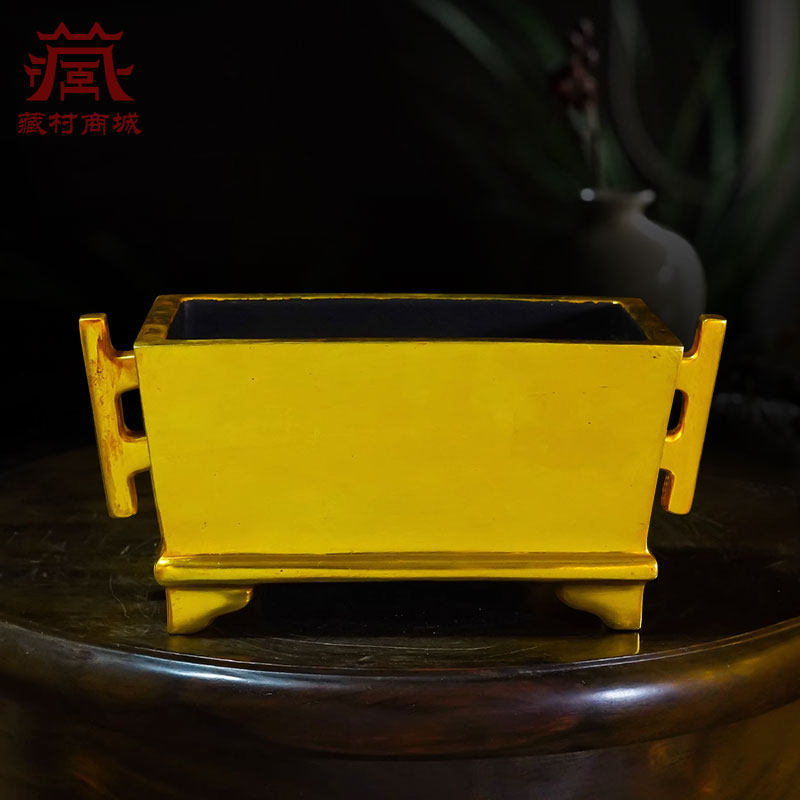 全鎏金马槽炉双耳卧香炉摆件