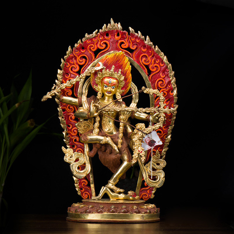 现代雕花《作明佛母》家居摆件尼泊尔手工铜半鎏金10寸铜像