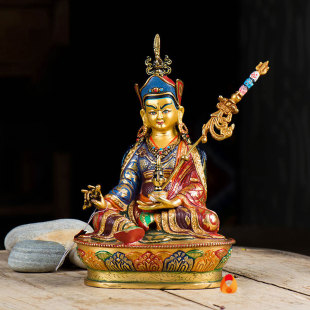 莲花生大师尼泊尔7寸铜彩绘家用现代莲花生大士客厅摆件