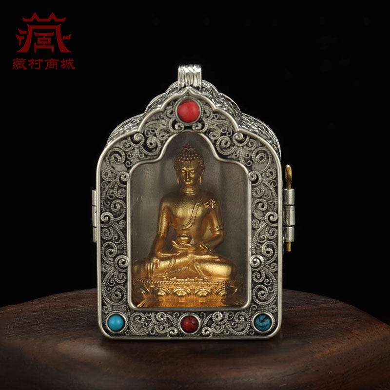 藏村莲花生大士嘎乌盒吊坠黄财神花丝挂坠释迦牟尼可打开随身挂件