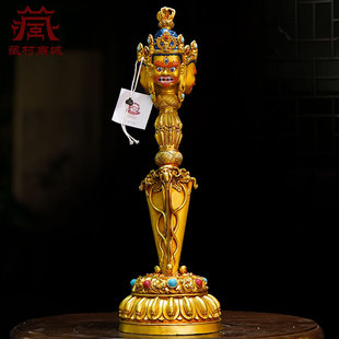 全鎏金三面普巴金刚杵彩绘面部宝石镶嵌金刚橛带底座铜摆件