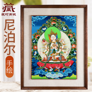 藏村矿物颜料尊胜佛母手绘唐卡尼泊尔进口顶髻尊胜佛母墙壁装 饰画