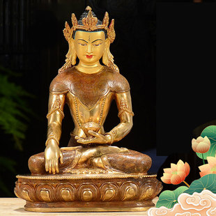 尼泊尔觉卧佛释迦牟尼佛等身像7寸铜雕花半鎏金桌面摆件