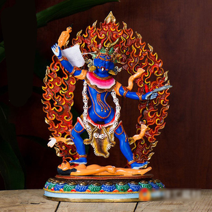 藏村宁玛三根本铜像尼泊尔12寸铜鎏金彩绘一鬓佛母铜像像