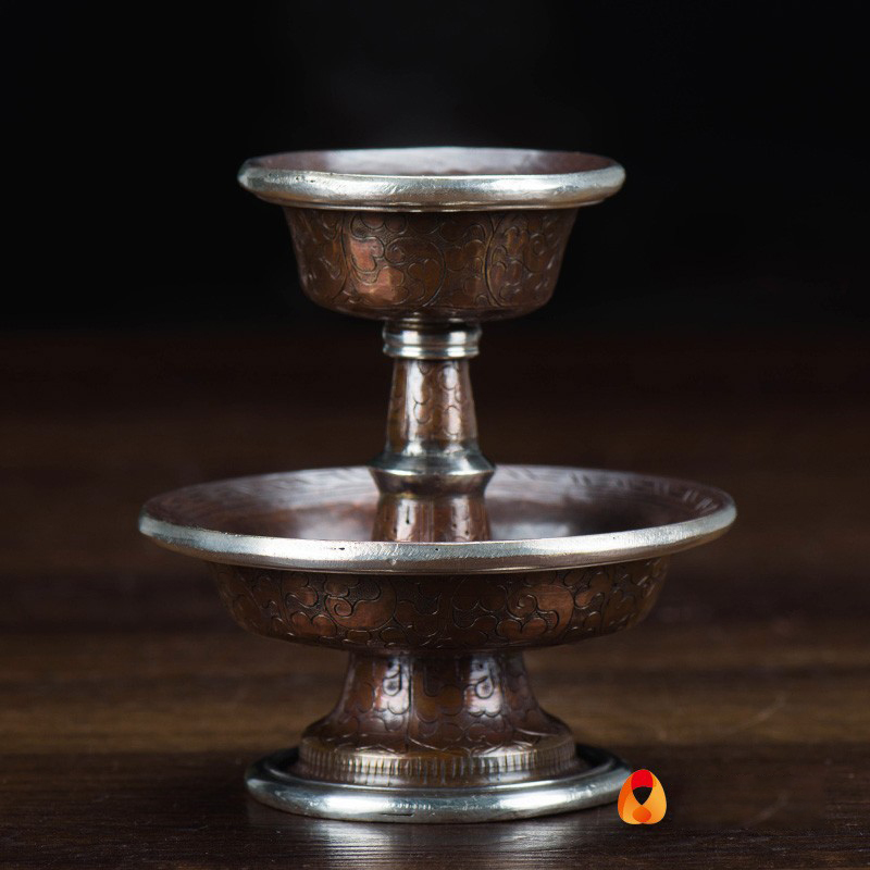 尼泊尔供杯供酒供具复古手工紫铜镀银铜供杯 小号9cm