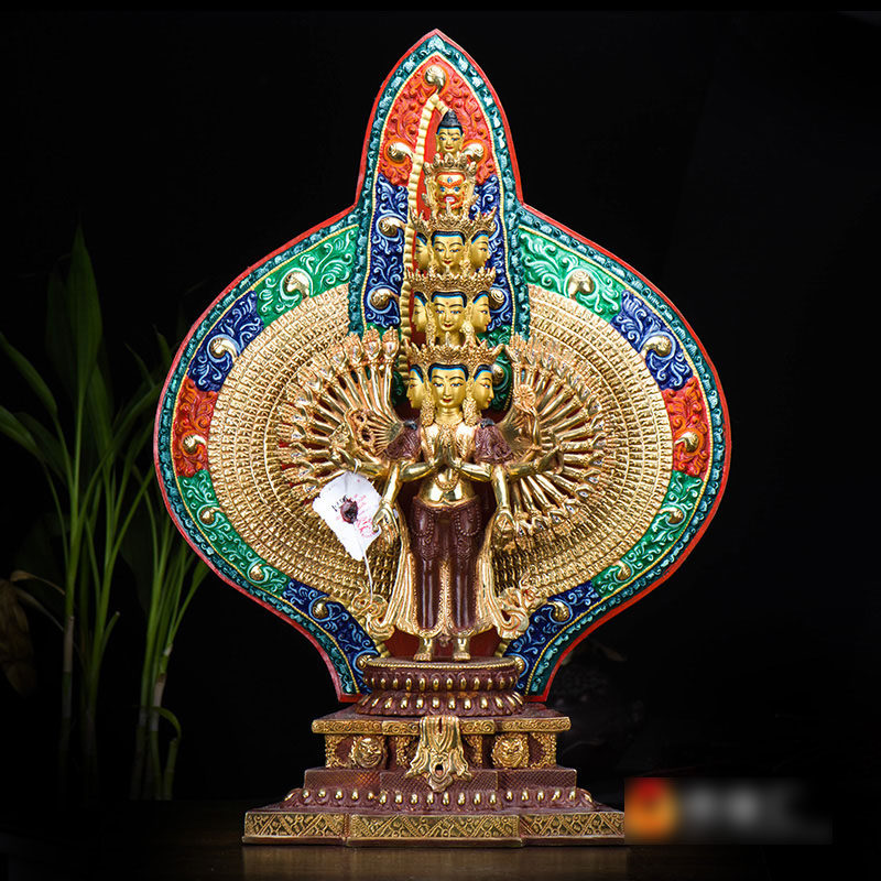 现代工艺品铜像摆件尼泊尔15寸铜半鎏金彩绘手工千手观音铜像