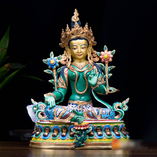现代铜像摆件 家用尼泊尔手工西藏彩绘矿物颜料铜10寸绿度母铜像