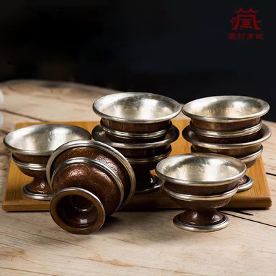 紫铜镀银雕花水碗水杯摆件