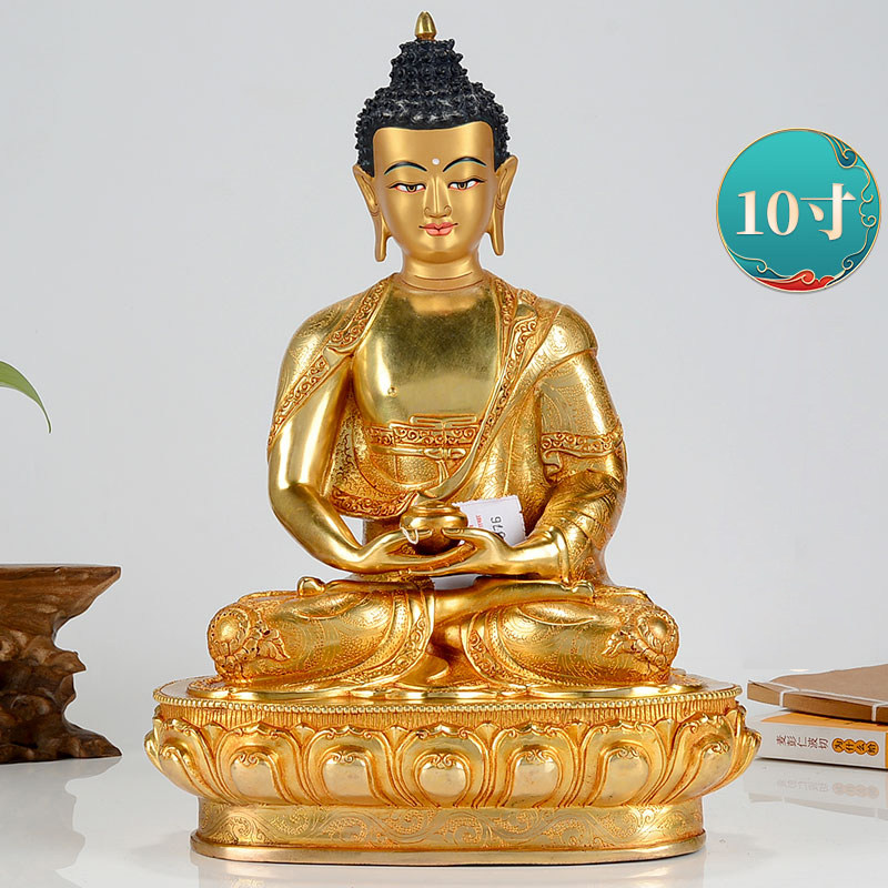 阿弥陀铜像家用10寸桌面尼泊尔手工铜鎏金三宝佛铜像摆件