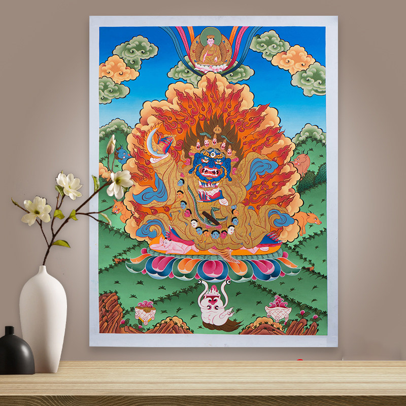 尼泊尔天然矿物颜料黑袍金刚壁画手绘二臂玛哈嘎拉挂件像唐卡挂画