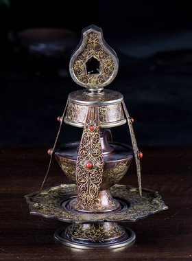 常寿宝瓶尼泊尔紫铜镀金雕花家用室内供具桌面摆件高24cm