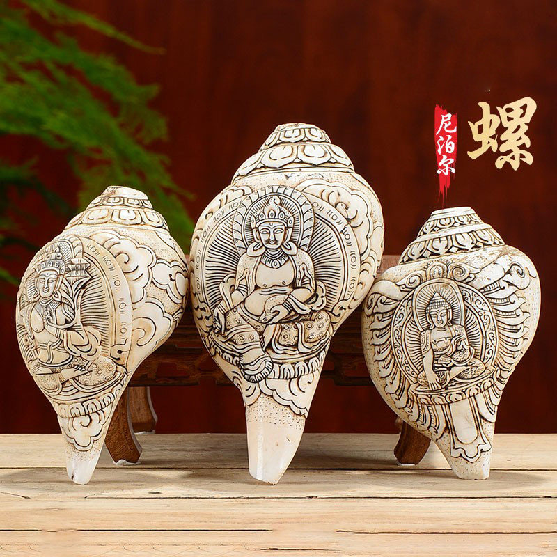 海螺尼泊尔天然手工绿度母黄财神释迦海螺号角可吹口哨摆件