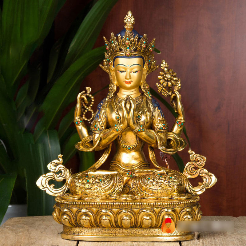 四臂观音菩萨铜像镀金尼泊尔客厅10寸家用现代桌面铜像