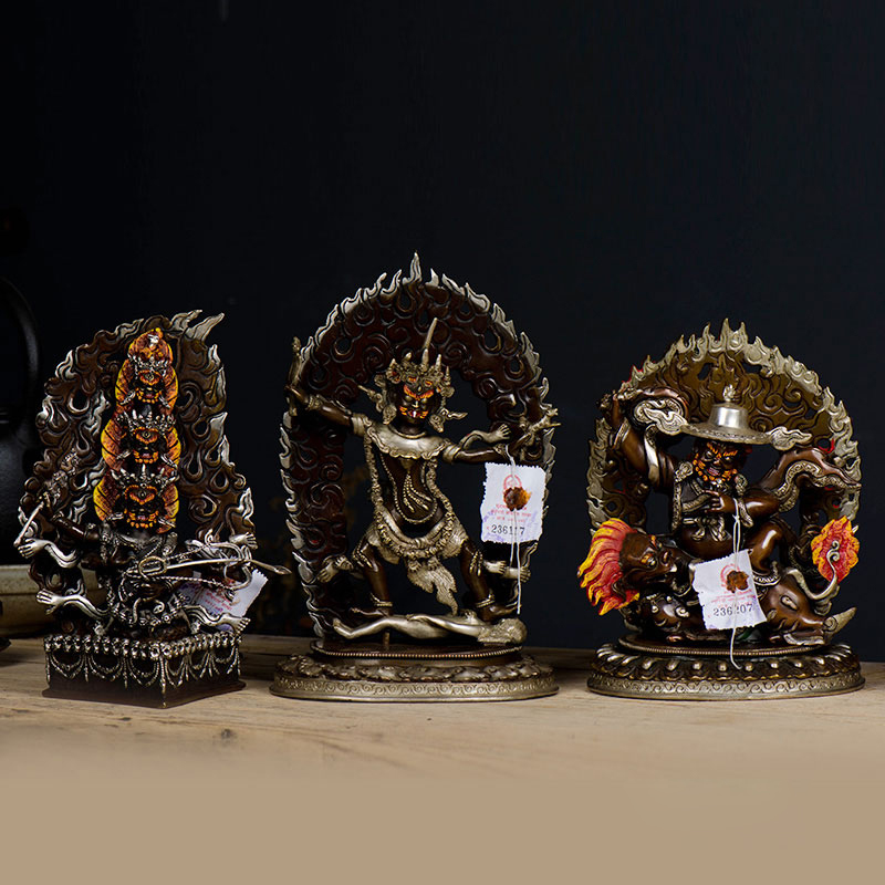 宁玛三根本佛铜摆件 尼泊尔手工紫铜镀银摆件 一髻佛母喇呼拉单坚