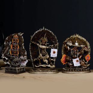 宁玛三根本佛铜摆件 尼泊尔手工紫铜镀银摆件 一髻佛母喇呼拉单坚