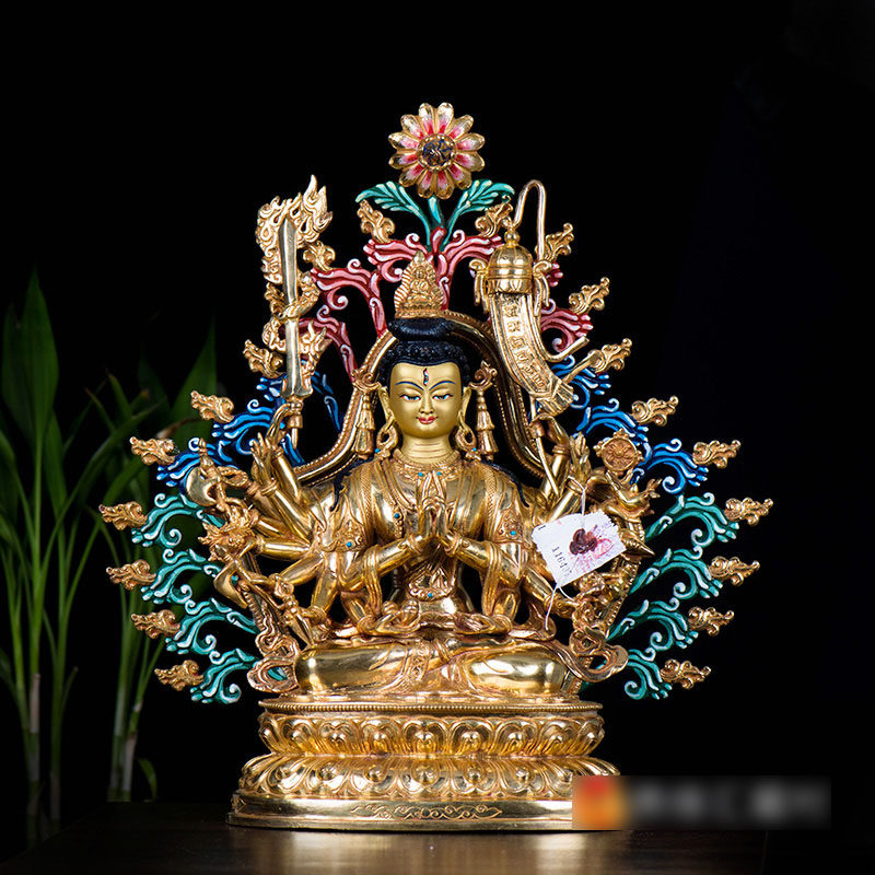 现代铜像摆件 尼泊尔13寸手工铜全鎏金雕花双层莲座准提佛
