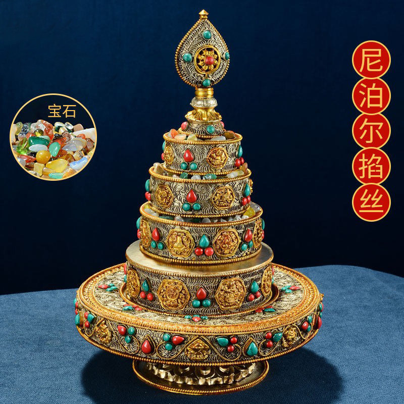 尼泊尔手工八吉祥掐丝雕花铜曼扎盘曼茶罗盘宝石镶嵌曼达盘摆件