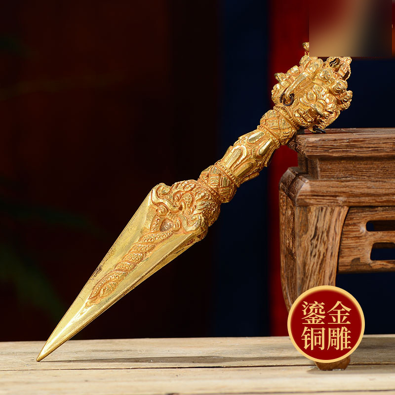 尼泊尔手工全鎏金普巴金刚橛居家桌面普巴金刚杵吊坠摆件