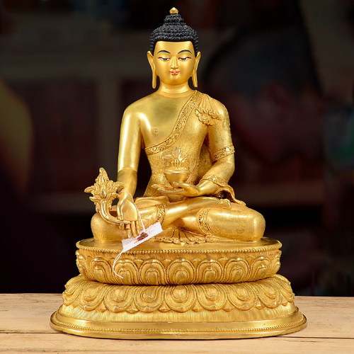 药师佛10寸纯铜全鎏金莲花双座