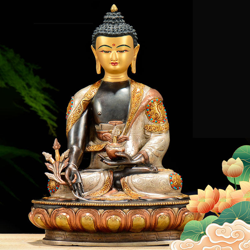 家用客厅尼泊尔手工描金画脸紫铜鎏金10寸药师铜像桌面摆件