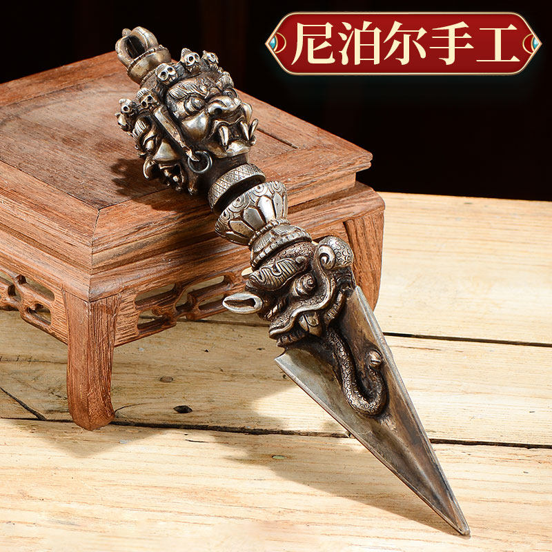 尼泊尔手工三面普巴金刚橛室内桌面铁金刚杵雕花桌面摆件