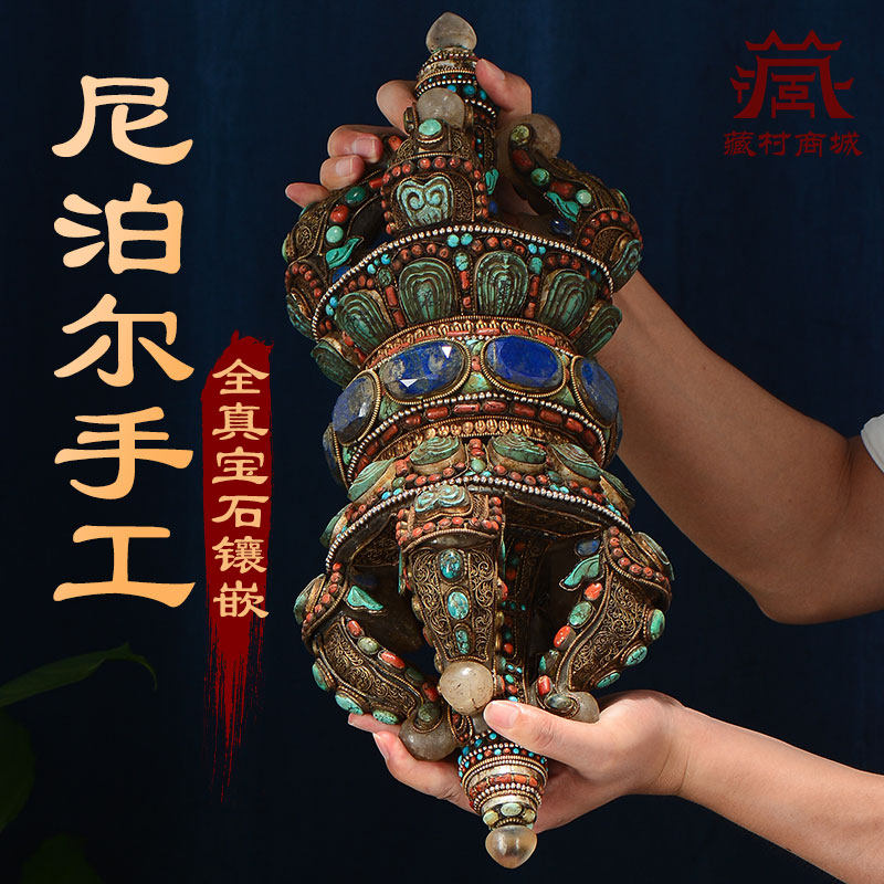 尼泊尔手工五股金刚杵宝石镶嵌掐丝工艺水晶金刚橛室内装饰摆件