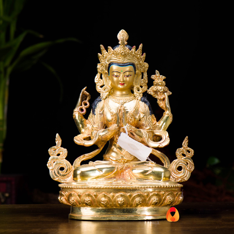 《四臂观音》铜像尼泊尔手工7寸铜鎏金雕花观音菩萨摆件