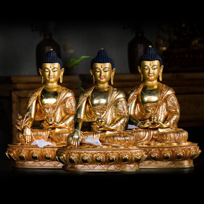 居家用品摆件尼泊尔全鎏金铜10寸三世佛释迦佛阿弥陀佛药师摆件